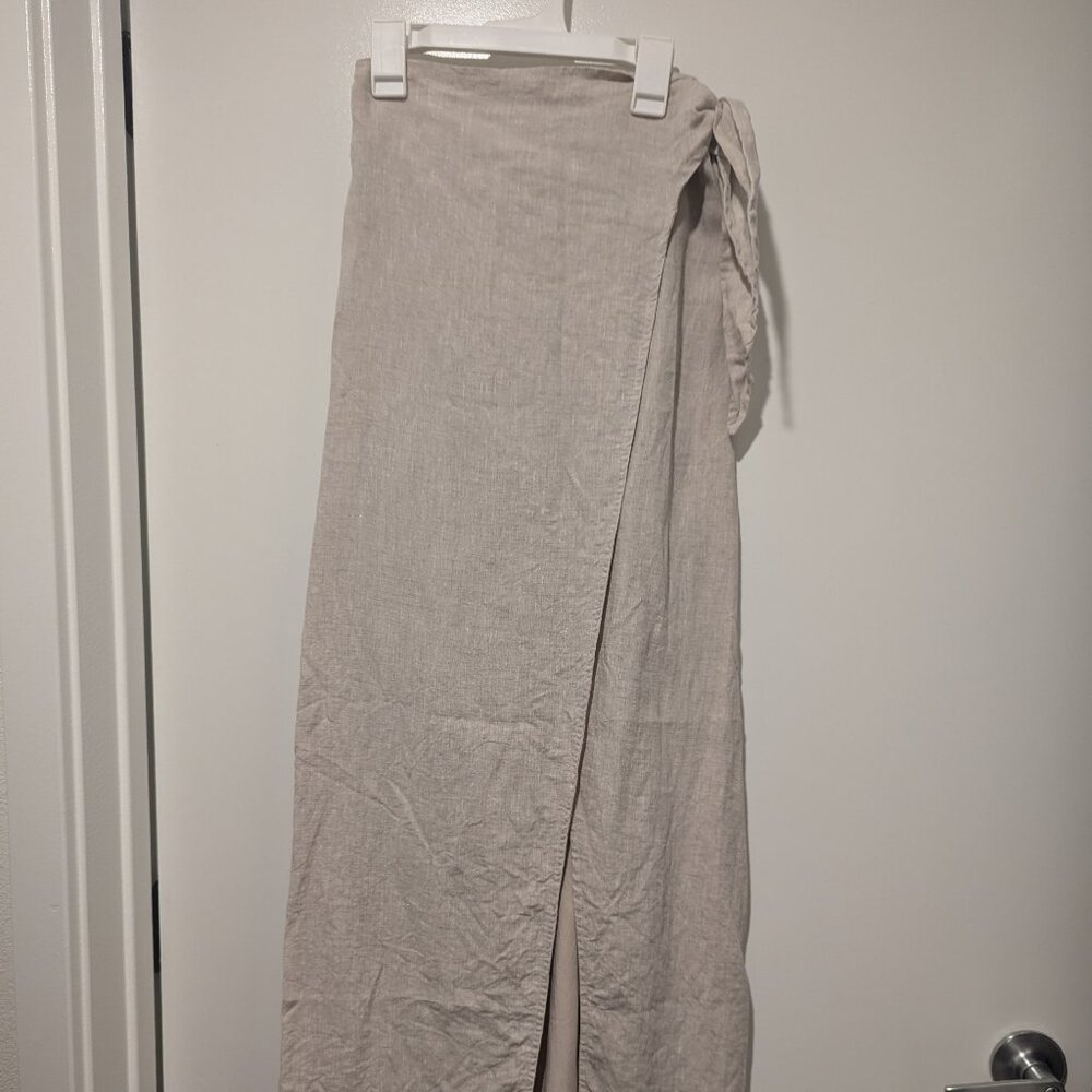 Khaki Linen Wrap Maxi Skirt